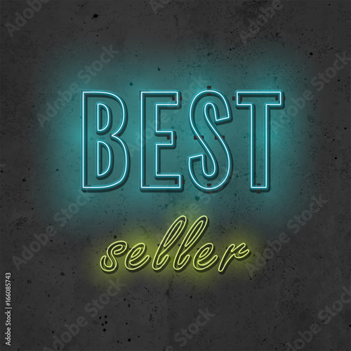 Realistic neon icon Vector illustration Neon inscription Best seller in blue and yellow color on a concrete wall background Trendy design and text effect in realistic style