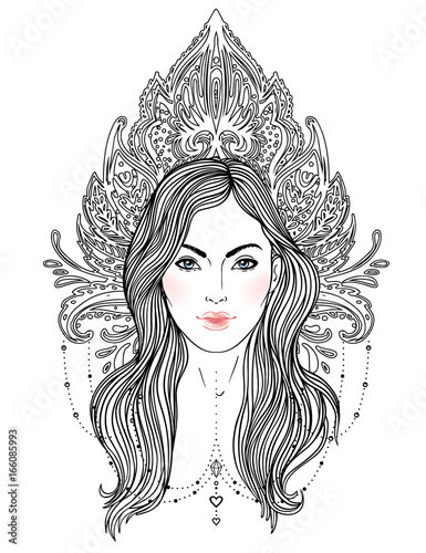 Tribal Fusion Boho Diva. Beautiful divine girl with ornate crown, kokoshnik inspired. Bohemian goddess. Hand drawn elegant illustration.