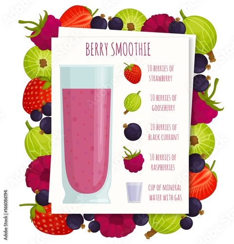 The recipe for berry smoothies. Vector illustration. A healthy drink with ingredients.