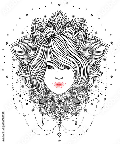 Tribal Fusion Boho Diva. Beautiful divine girl with ornate crown, kokoshnik inspired. Bohemian goddess. Hand drawn elegant illustration.