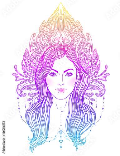 Tribal Fusion Boho Diva. Beautiful Asian divine girl with ornate crown, kokoshnik inspired. Bohemian goddess. Hand drawn elegant illustration. Lotus flower, ethnic art.