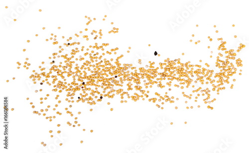 Yellow mustard seeds isolated on white background, top view