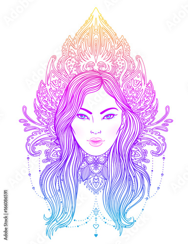 Tribal Fusion Boho Diva. Beautiful Asian divine girl with ornate crown, kokoshnik inspired. Bohemian goddess. Hand drawn elegant illustration. Lotus flower, ethnic art.