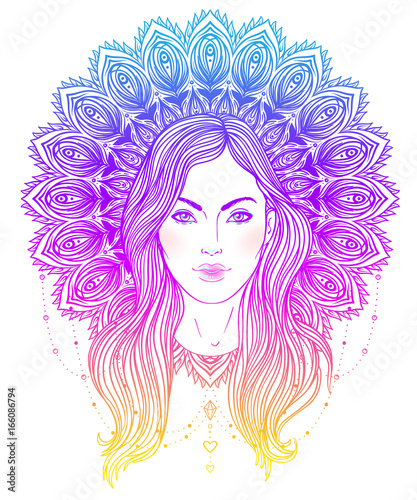 Tribal Fusion Boho Diva. Beautiful divine girl with ornate mandala-shaped halo, native American Indian feather headdress inspired. Adult anti-stress coloring book page.