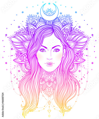 Tribal Fusion Boho Diva. Beautiful Asian divine girl with ornate crown, kokoshnik inspired. Bohemian goddess. Hand drawn elegant illustration.