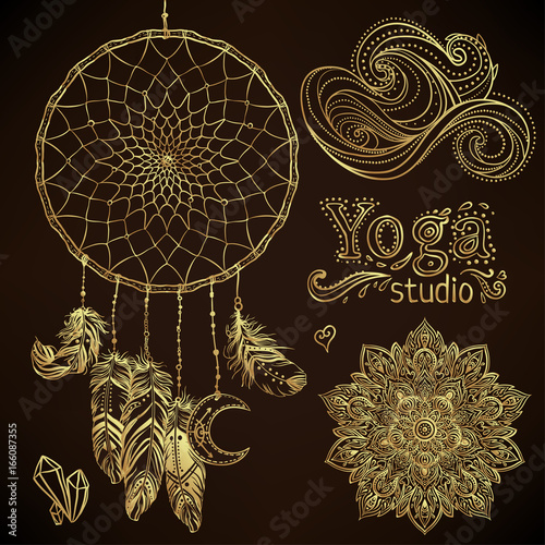 Boho chic dreamcatcher illustration set. Hindu paisley motifs. Gold spirituality, prints, ornamental floral elements with henna design, golden stickers, flash temporary tattoo.