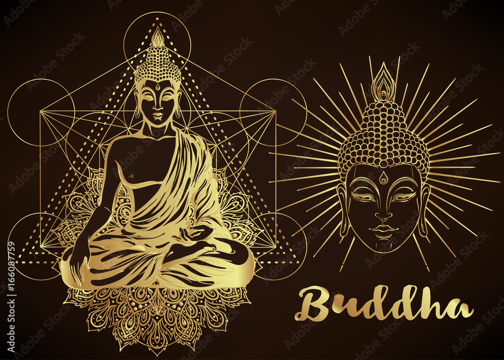 Yoga, meditation vector illustration set. Hindu paisley motifs. Buddha ...