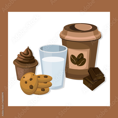 Glass of Milk and coffee with biscuits and muffin. Vector blue background ill...