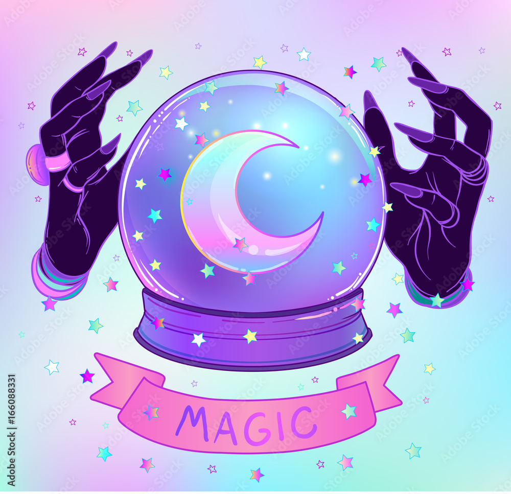 Crystal Ball with purple female alien hands over gradient mesh background.  Creepy cute vector illustration. Gothic design, mystic magician symbol,  pastel colors. Stock Vector | Adobe Stock