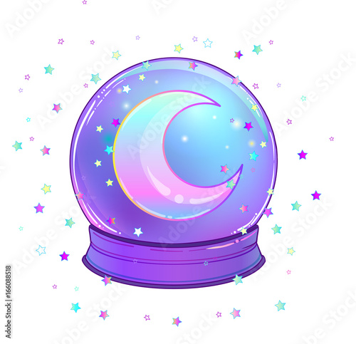 Crystal Ball with with rainbow moon and colorful stars isolated on white. Creepy cute vector illustration. Gothic design, mystic magic symbol, pastel colors.