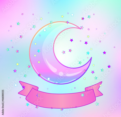 Rainbow moon, pink ribbon and colorful stars isolated on white. Creepy cute vector illustration. Gothic design, mystic magic symbol, pastel colors.