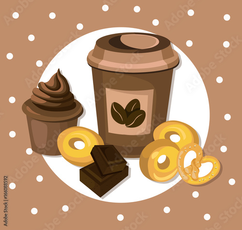 Coffee cup with biscuits and muffin. Vector blue background illustration