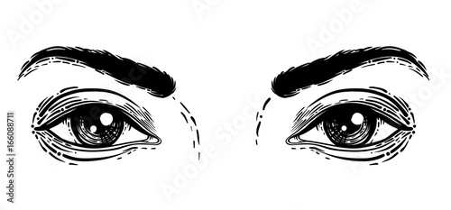 Vector illustration of human eyes in engraved. Hand drawing in black isolated on white.