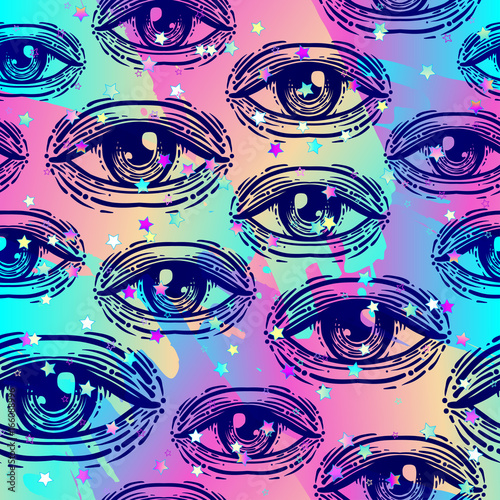 Eyes, seamless pattern in vintage psychedelic style. Ethnic background for te...