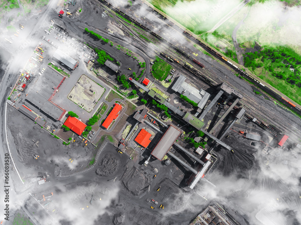 Panorama aerial view shot of coal processing plant, industrial production Panorama aerial view shot of coal processing plant, industrial production