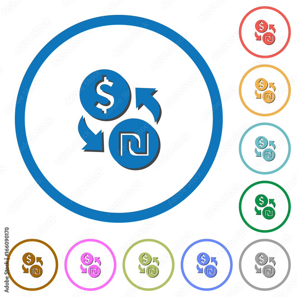 Dollar new Shekel money exchange icons with shadows and outlines Dollar new Shekel money exchange icons with shadows and outlines