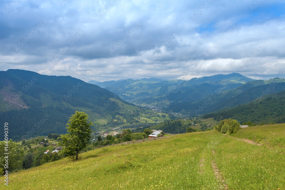 Fototapeta premium Beautiful sunny day is in mountain landscape. Carpathian, Ukraine.