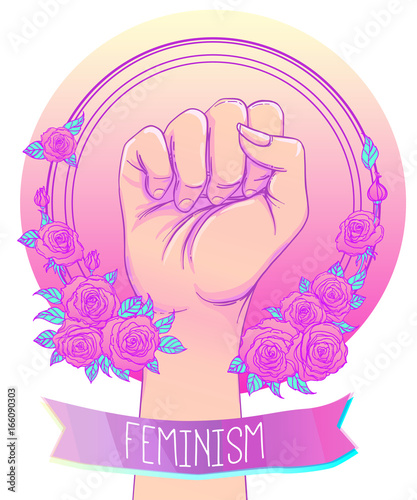 Fight like a girl. Woman's hand with crystal quartz brass knuckles. Fist raised up. Girl Power. Feminism concept.