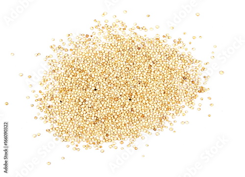 Organic quinoa seeds isolated on white background, top view