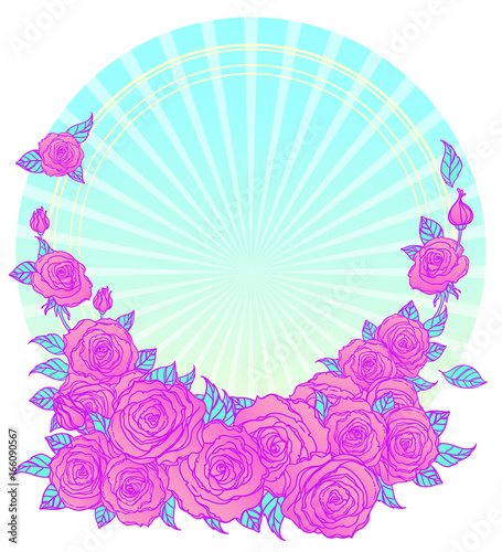 Mystical background with sky, moon and red roses on a white background. Blue ribbon. Tattoo. Hipster style, pastel goth, vibrant colors.