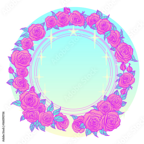 Mystical background with sky, moon and red roses on a white background. Blue ribbon. Tattoo. Hipster style, pastel goth, vibrant colors.
