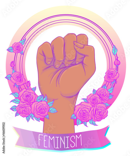 Fight like a girl. Woman's hand with crystal quartz brass knuckles. Fist raised up. Girl Power. Feminism concept.