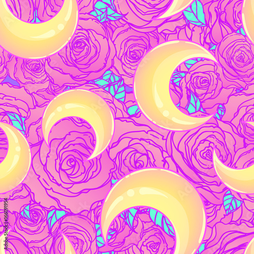 Mystical background with moons and pink roses on a white background. Seamless pattern Tattoo. Hipster style, pastel goth, vibrant colors.