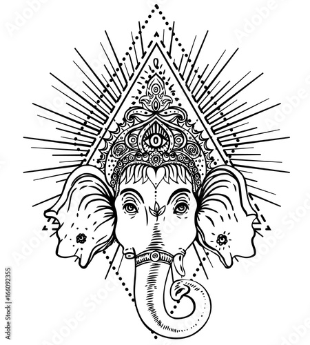 Hindu Lord Ganesha over ornate mandala pattern. Vector illustration. Vintage decorative. Hand drawn paisley background. Indian motifs. Tattoo, yoga, spirituality.
