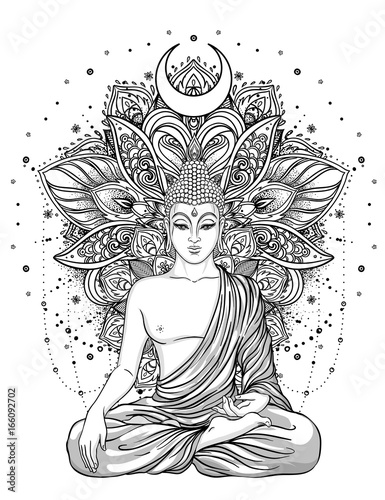 Sitting Buddha over ornate rose flower. Esoteric vintage vector illustration. Indian, Buddhism, spiritual art. Hippie tattoo, spirituality, Thai god, yoga zen