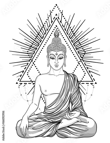 Sitting Buddha over ornate rose flower. Esoteric vintage vector illustration. Indian, Buddhism, spiritual art. Hippie tattoo, spirituality, Thai god, yoga zen
