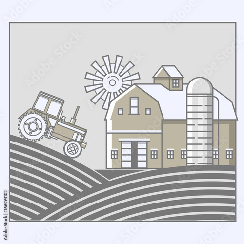 Agriculture and Farming. Agribusiness. Rural landscape in line art design
