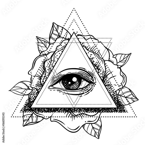 Rosicrucianism symbol. Blackwork tattoo flash. All seeing eye, Cristian cross with rose flower. Sacred geometry. Vector illustration isolated on white. Tattoo design, mystic symbol.