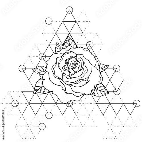 Blackwork tattoo flash. Rose flower over sacred geometry. Highly detailed vec...