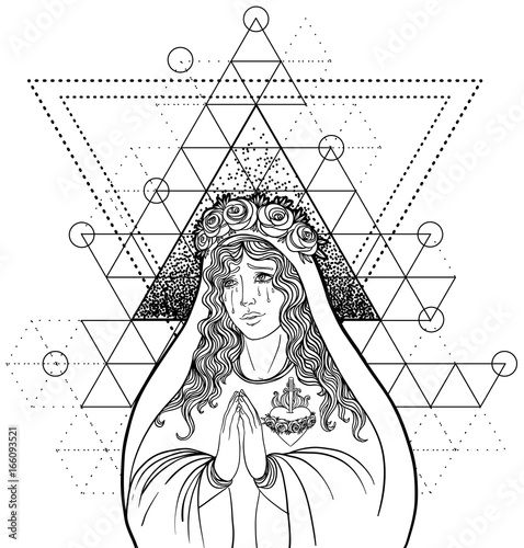 Lady of Sorrow. Devotion to the Immaculate Heart of Blessed Virgin Mary, Queen of Heaven. Vector illustration isolated on white. Coloring book for adults. Sacred geometry.