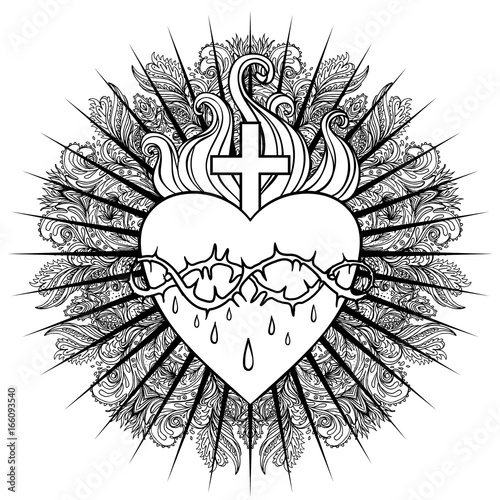Sacred Heart of Jesus. Vector illustration isolated on white over mandala bac...
