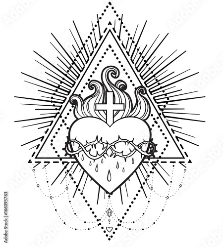 Sacred Heart of Jesus. Vector illustration isolated on white over roses floral and geometric background. Vintage style element. Religion, occultism, alchemy, magic, love.