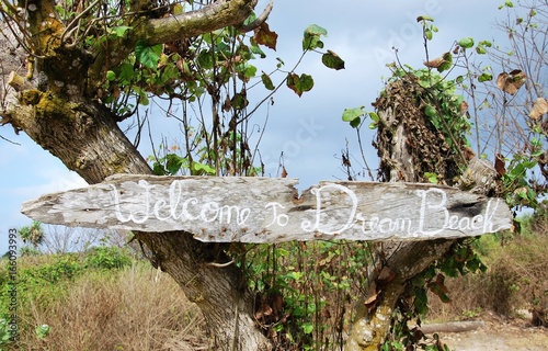 Dream Beach, panneau de bienvenue, Nusa lembongan, bali, indonésie