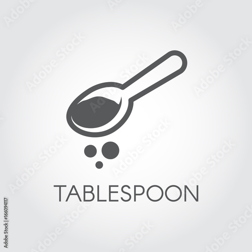 Kitchen tablespoon black flat icon. Spoon with abstract ingredient - logo for cooking various recipes, culinary sites and other projects. Vector illustration