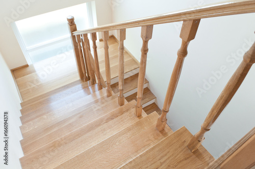 wooden staircase in a white modern house