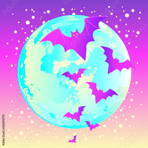 Fototapeta Naklejka Na Ścianę i Meble -  Halloween vector illustration: creepy cute vector bat flying against full moon in neon pastel colors. Retro gothic style.