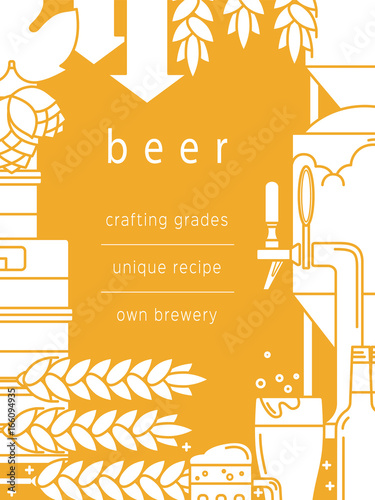 Beer, glass, mug, tap, bottle, kegs, equipment for brewing, brewery, malt, hops. Vector background for booklet, brochure, flyer.