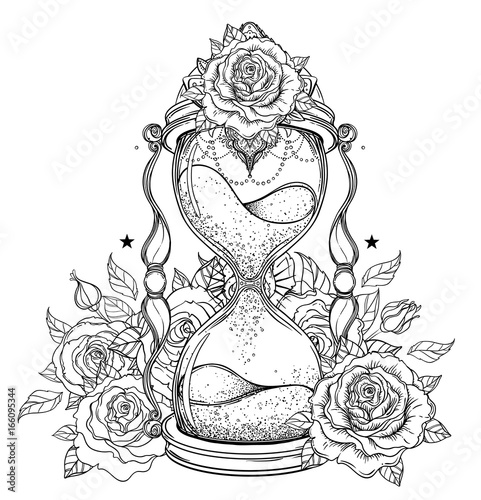 Decorative antique hourglass with roses illustration isolated on white. Hand drawn vector art. Sketch for dotwork tattoo, hipster t-shirt design, vintage style posters.