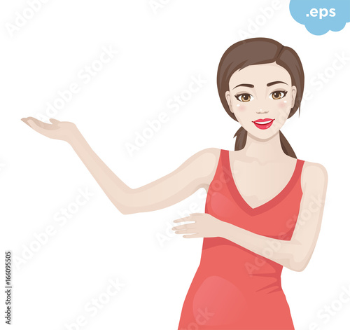 Young girl shows hands aside. The model demonstrates and shows paying attention to.