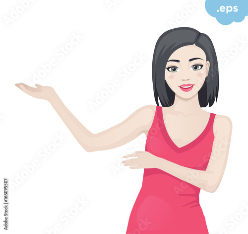  Young girl shows hands aside. The model demonstrates and shows paying attention to.