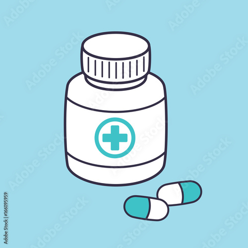 Medical pill bottle and pills vector icon.