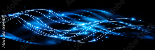 Abstract background with connected lines and dots for your design. Smooth lines, beautifully intertwined, shining dots and flashes on a dark background