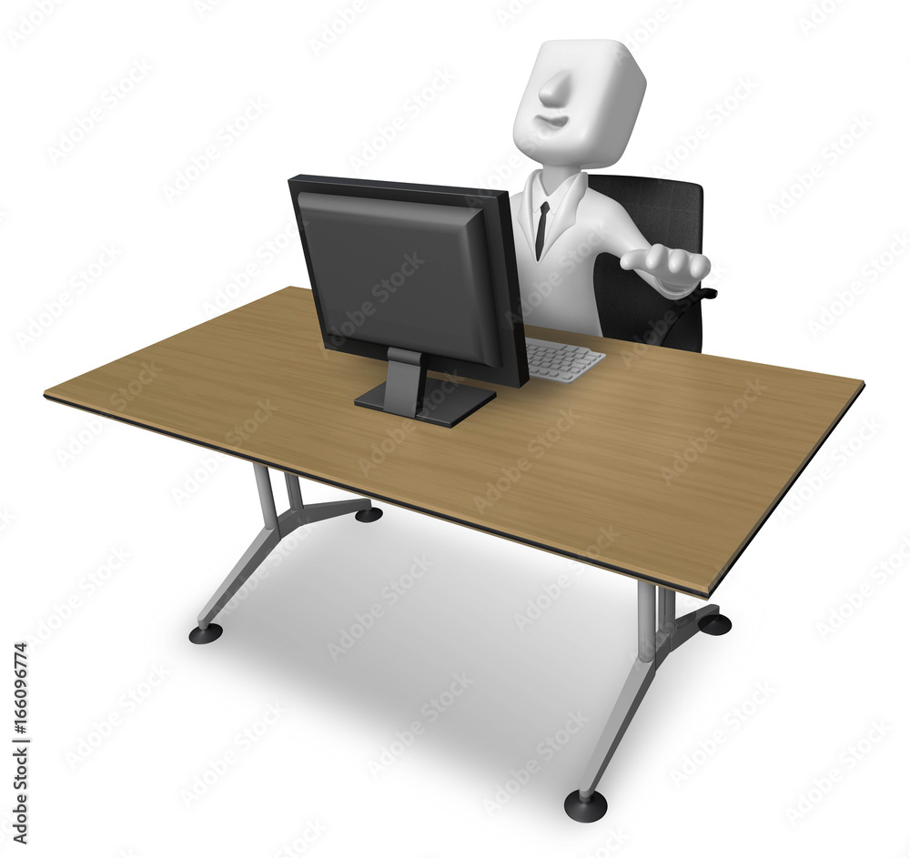 3d Businessman sitting at a table. Working at a laptop. 3D Square Man Series. 3d Businessman sitting at a table. Working at a laptop. 3D Square Man Series.