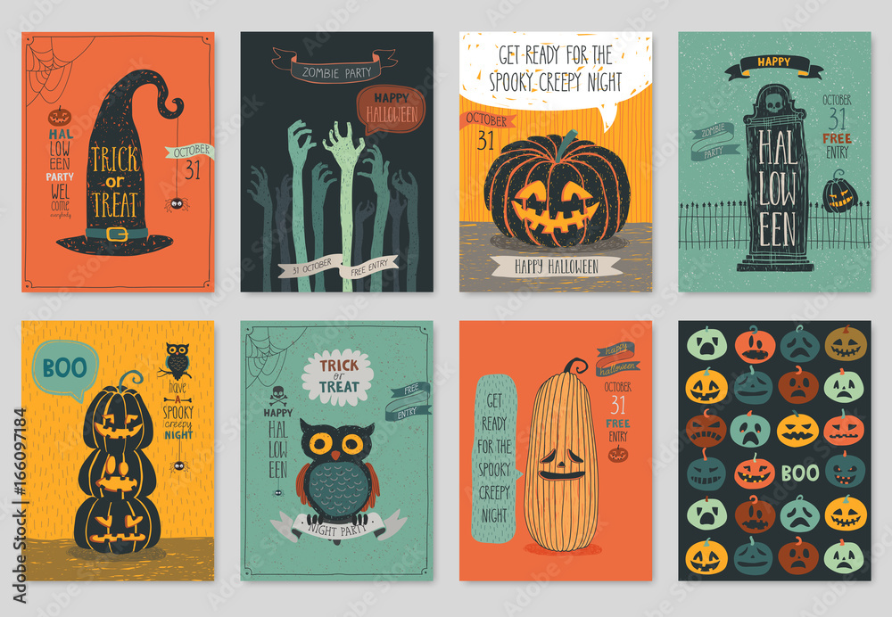 Fototapeta premium Halloween hand drawn invitation or greeting Cards set.