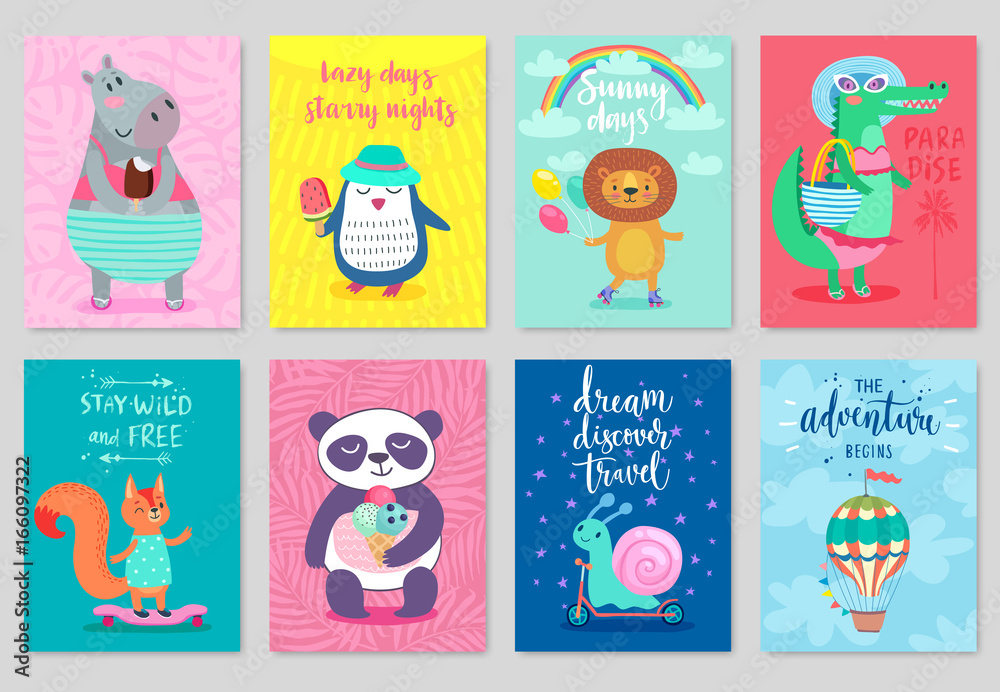 Plakat Animals card set, hand drawn style, summer theme.