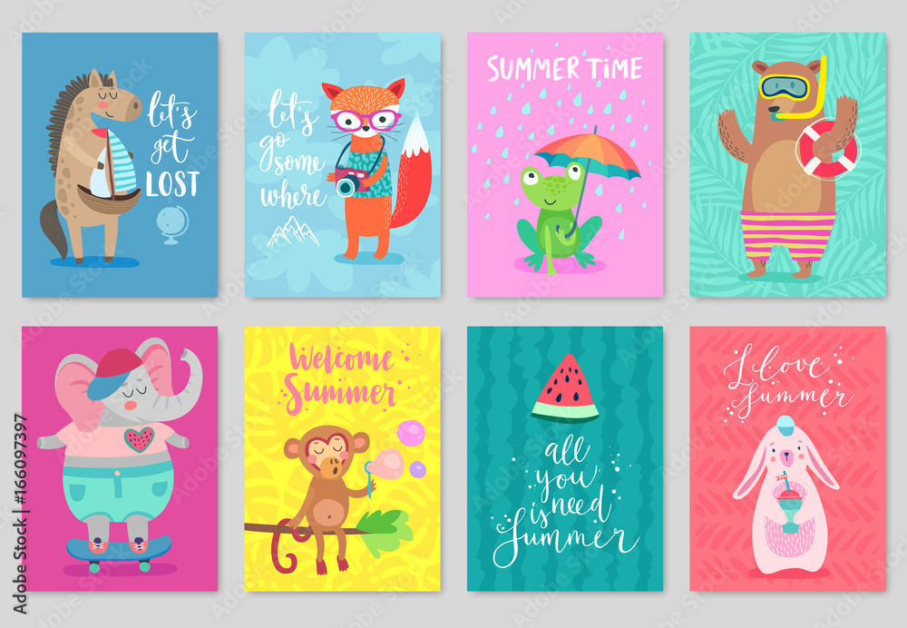 Fototapeta premium Animals card set, hand drawn style, summer theme.